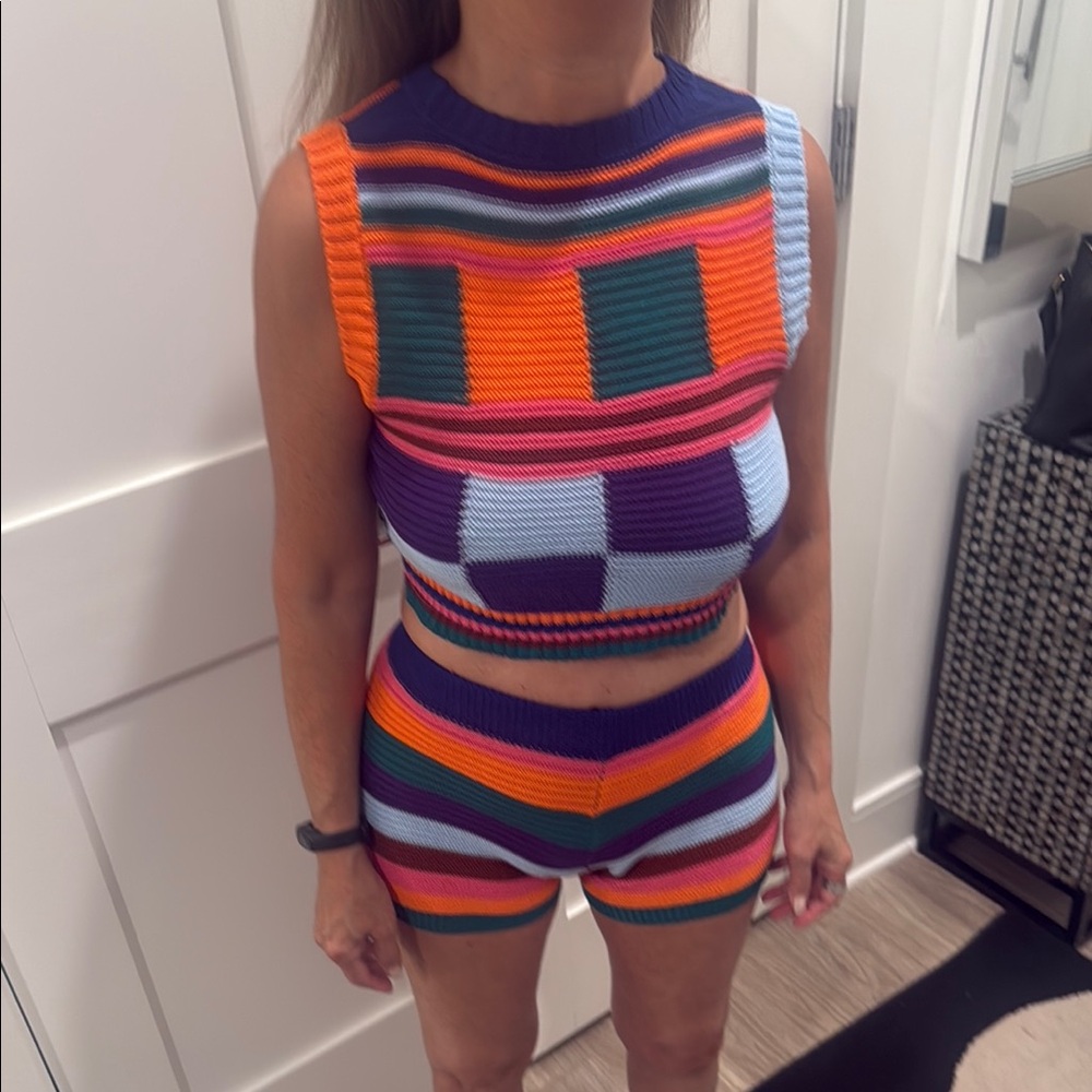 High Waist Orange and Blue Athletic Tank Top & Shorts